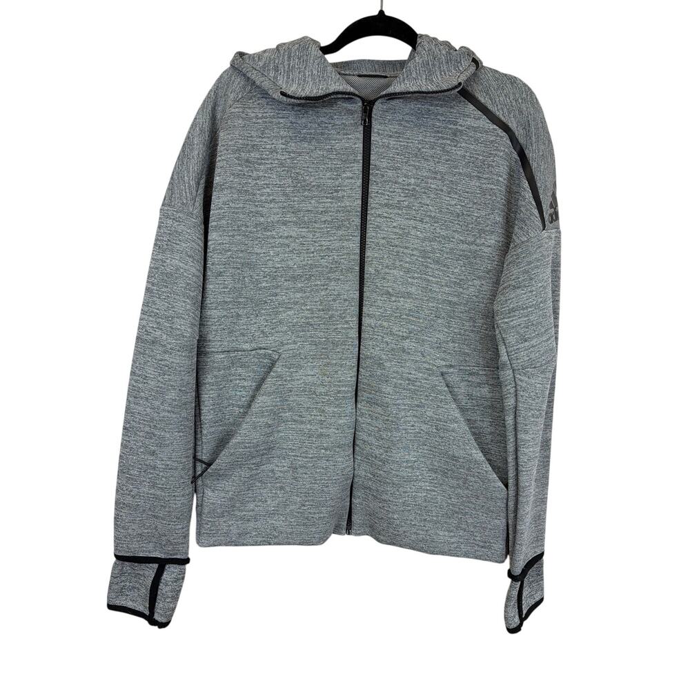Adidas Gray Zip Up Hooded Sweatshirt With Black Piping Size Large